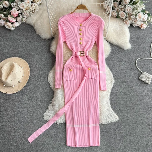 YuooMuoo Women Dress 2024 Autumn Winter Elegant Rib Knit Long Pencil Dress with Belt Office Lady Bodycon Sweater Dress Vestidos