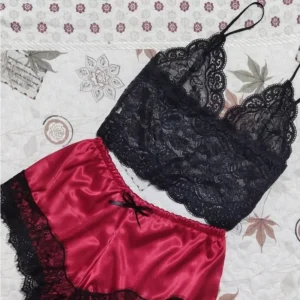 2 Pieces Pajamas Set for Women Sleepwear Sexy Lingerie Lace Silk Crop Tops and Shorts Sets Casual Nightwear Pijamas