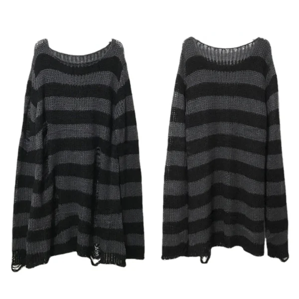 New Punk Gothic Long Unisex Sweater Summer Women Striped Cool Hollow Out Hole Broken Jumper Loose Rock Thin Dark Streetwear Top - Image 5