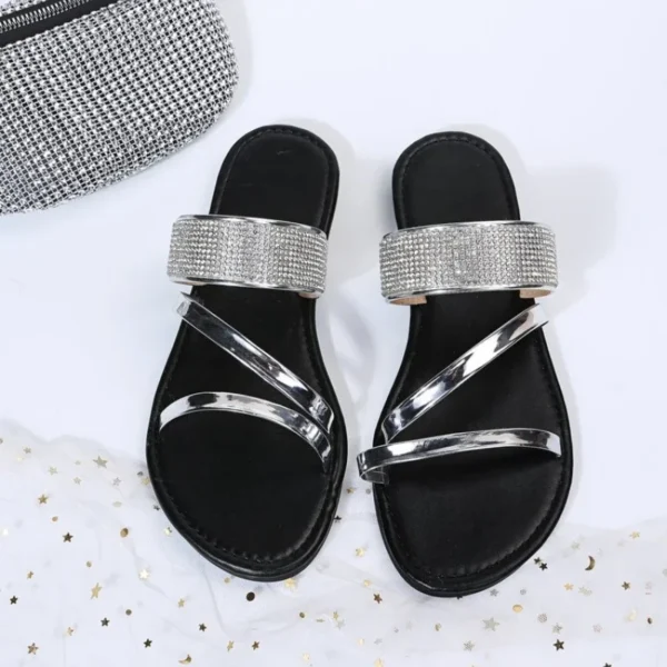 2024 Summer New Women's Fashion Gold Silver Patent Leather Flat Heel Sandals Bling Rhinestone Narrow Band Beach Casual Slippers - Image 6