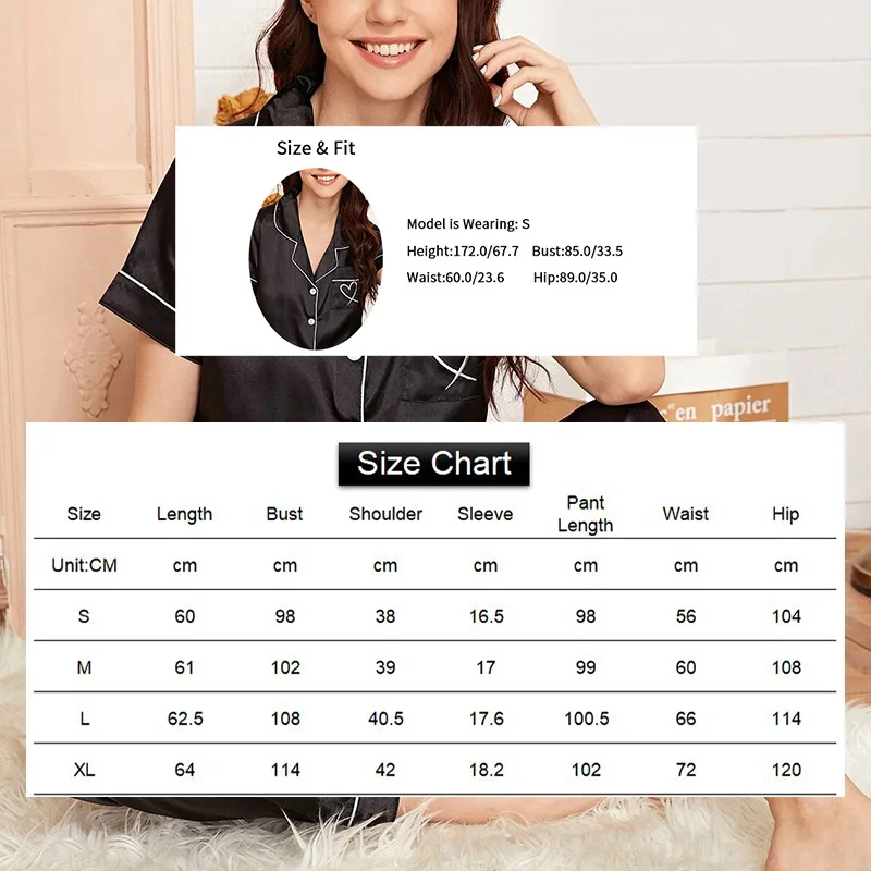 Women's Pajama Pocket Heart Embroidered Pajama Set Satin Comfortable Short Sleeve Button Pajama Lounge Pant For Women Sleepwear - Image 6