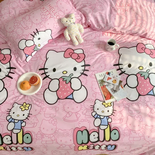 Cute Sanrio Hello Kitty Bedding Set Cotton Four Piece Bedding Double Pillowcase Bed Linens Girl Dorm Bedclothes Home Textile