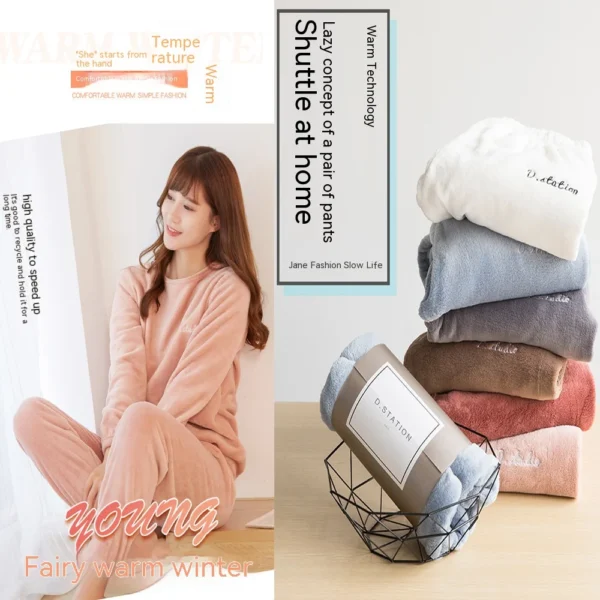 New Autumn Winter Pajamas Warm Coral Fleece Women Cozy Loose Set Top Homewear Long-sleeved lax 2 Piece Solid color Warm Pyjamas - Image 6