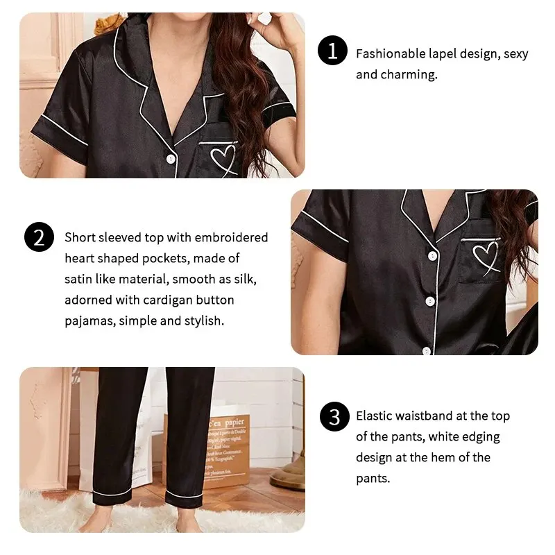 Women's Pajama Pocket Heart Embroidered Pajama Set Satin Comfortable Short Sleeve Button Pajama Lounge Pant For Women Sleepwear - Image 5