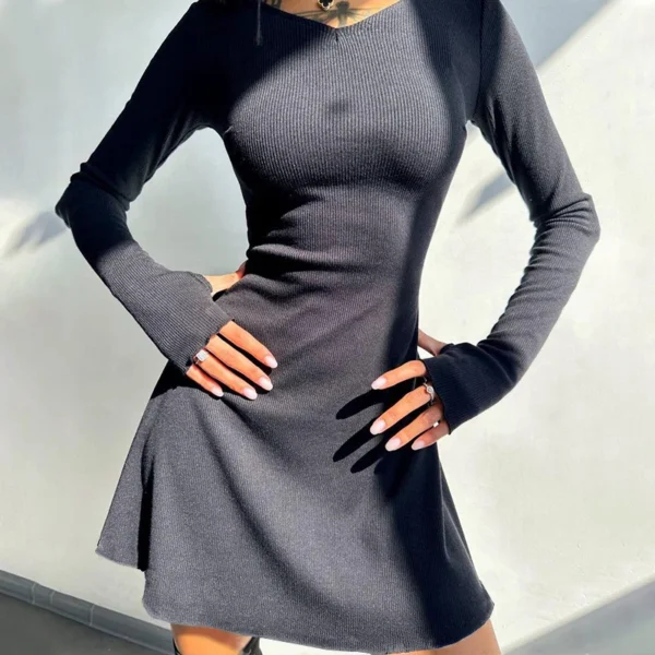 Elegant And Pretty Women Dresses Autumn Winter New Black Sexy Short Dress Female V Neck Long Sleeve Slim Solid Color Mini Dress - Image 2