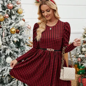 Special offer welfare 2024 new fashionable women's dress with long sleeves, slim fit, small round neck, elegant red and black pl