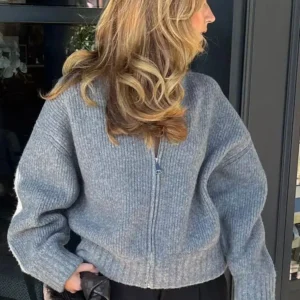 TRAFZA Women Vintage Solid Color Coat Long Sleeve Round Neck Sweater Jacket 2024 Spring Female Casual Zipper Sweater Coats