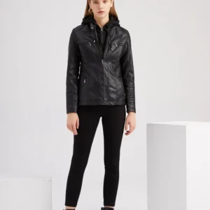 Faux Leather Jacket Women Motorcycle Coat for Biker with Removable Hood Plus Size