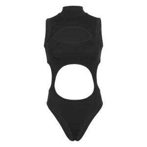 Solid Cut Out Sleeveless Skinny Half High Collar Bodycon Bodysuit Women