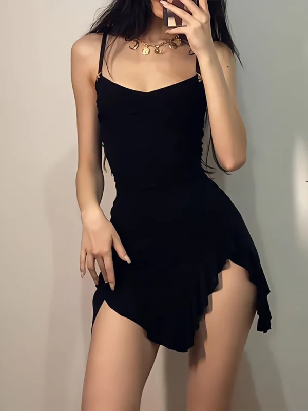 Sexy Mini Dress Women Summer New Black Sleeveless Strap Backless Folds Bodycon Split Dress Streetwear Elegant Party A-LINE Dress - Image 3