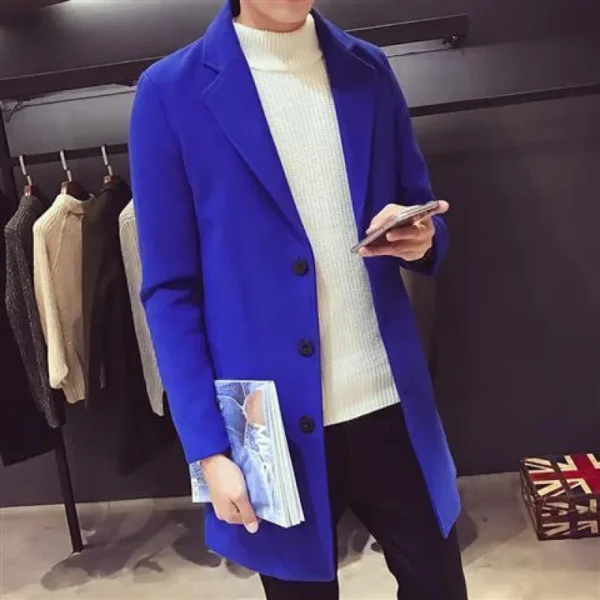 Men Long Cotton Coat 2024 Autumn Winter New Wool Blend Pure Color Casual Business Fashion Slim Windbreaker Jacket Men Clothing