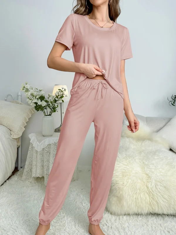 Women's new style pajamas short sleeve trousers elegant casual two-piece solid color home wear - Image 2