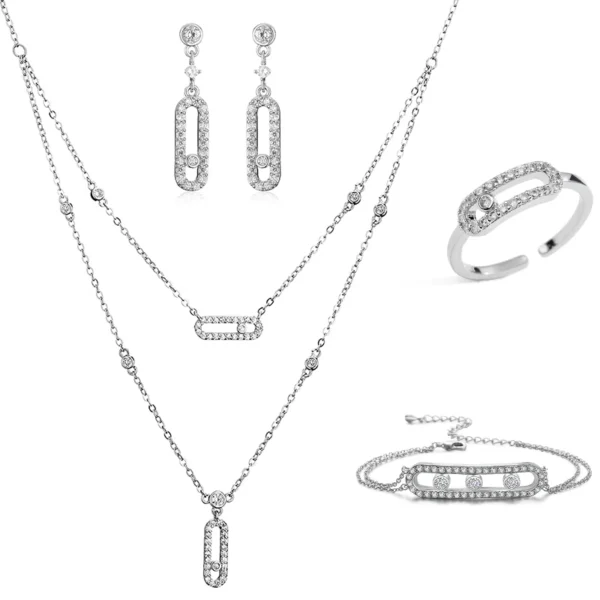 RAKOL Double Layer Geometric Paper Clip Pendant Necklace Earrings For Women Fashion Zircon Ring Bracelet Party Jewelry Set Gifts - Image 5