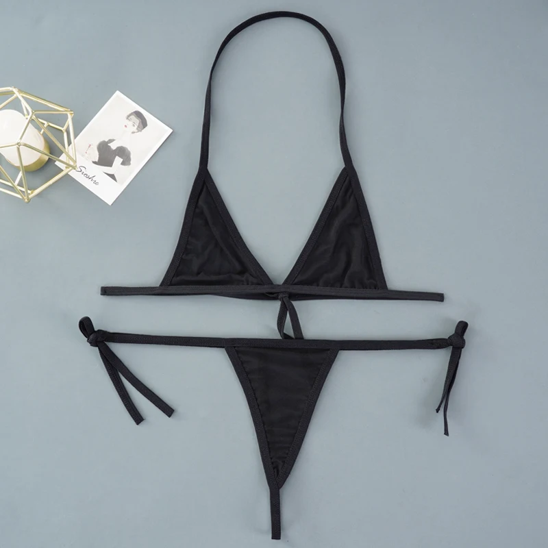 Sexy Mini Bra Sets Wirefree Ultra-thin Mesh Unlined Bra Brief Set Black Transparent 2 Pieces Halter Women's Exotic Lingerie Sets - Image 4