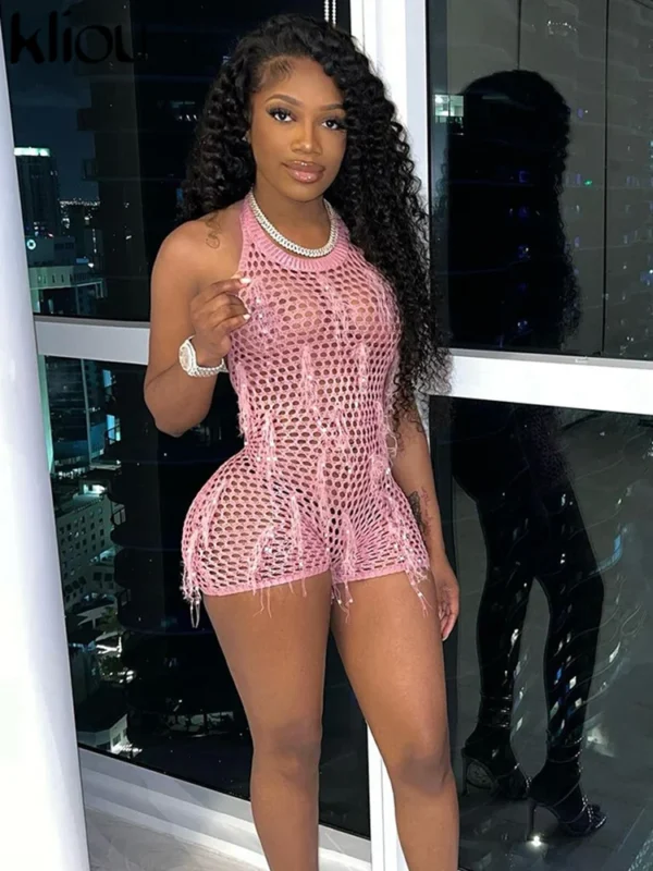 kliou Summer Women Mini Sexy&Club Woolen Playsuit W24Q48927 Girl Hot Hole Halter Backless Slim One Piece Overall Party Attire - Image 4