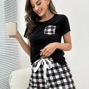 Summer Women's Pajamas Set Screw Neck Tee & Shorts Sleepwear 2 Pieces Heart Print Nightwear Elastic Drawstring Homewear Cloth