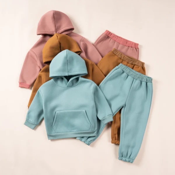 2023 Winter Children Hooded Tracksuits Suits 0-6Y Toddler Boys Girls Clothing Suit Solid Plush Sweater and Sports Pants Set - Image 3