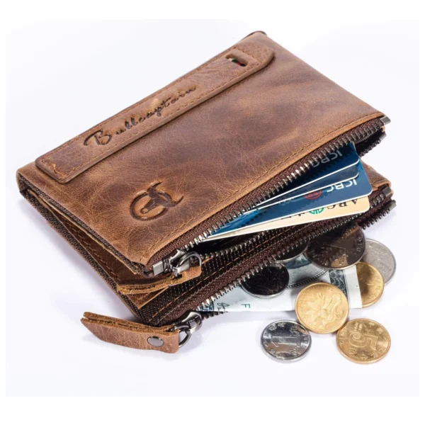 BULLCAPTAIN Genuine Leather Wallet for Men Vintage Bifold with Double Zipper Pockets - Image 3