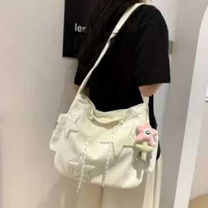 Simple Star Pattern Large Tote Bag, Corduroy Drawstring Shoulder Bag, Cute Tote Bag Canvas Bag