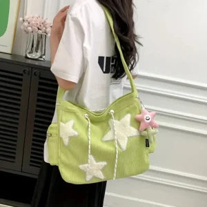 Simple Star Pattern Large Tote Bag, Corduroy Drawstring Shoulder Bag, Cute Tote Bag Canvas Bag