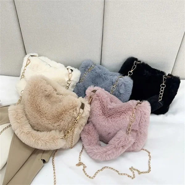 Fashion Women Fluffy Shoulder Bags Female Winter Chain Underarm Bag Solid Color Handbag Soft Plush Handle Bag - Image 5