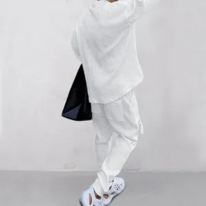 Male Beach Set Quick Dry Hawaiian Casual Pants V-neck All Matching Jacquard Knit Men's Suit Solid Color Long-Sleeved Top+Pants