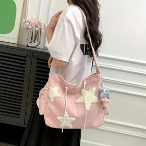 Simple Star Pattern Large Tote Bag, Corduroy Drawstring Shoulder Bag, Cute Tote Bag Canvas Bag