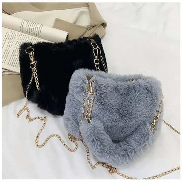 Fashion Women Fluffy Shoulder Bags Female Winter Chain Underarm Bag Solid Color Handbag Soft Plush Handle Bag - Image 2
