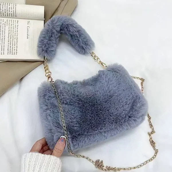 Fashion Women Fluffy Shoulder Bags Female Winter Chain Underarm Bag Solid Color Handbag Soft Plush Handle Bag - Image 3