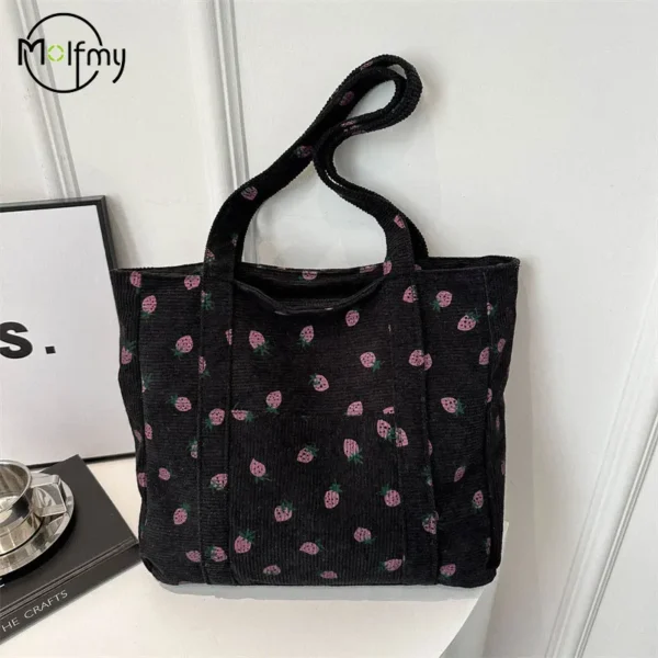 Corduroy Handbag Strawberries Beach Bag Fashionable Versatile Shoulder Bag LargeCapacity Simple Commuter Women's Tote Bag Bolsos - Image 2