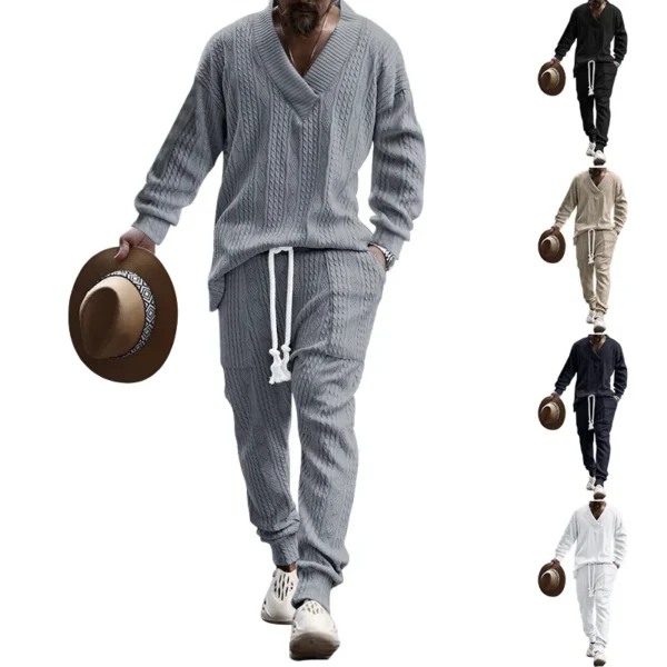 Male Beach Set Quick Dry Hawaiian Casual Pants V-neck All Matching Jacquard Knit Men's Suit Solid Color Long-Sleeved Top+Pants