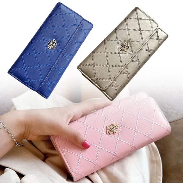 Black Long Wallets for Women PU Leather Diamond Pattern Purse Card Holder Crown Buckle Ladies Phone Bag Fashion Clutch Bag - Image 3