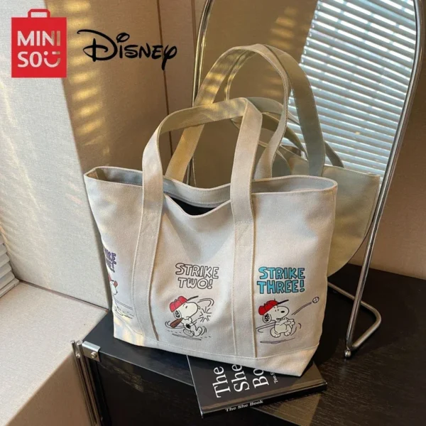 MINISO Disney New Series Cartoon Cute Canvas Bag Women Large Capacity Handbag Casual Tote Bag Snoopy Printing Zip Shoulder Bag