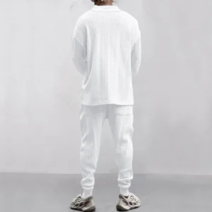 Male Beach Set Quick Dry Hawaiian Casual Pants V-neck All Matching Jacquard Knit Men's Suit Solid Color Long-Sleeved Top+Pants
