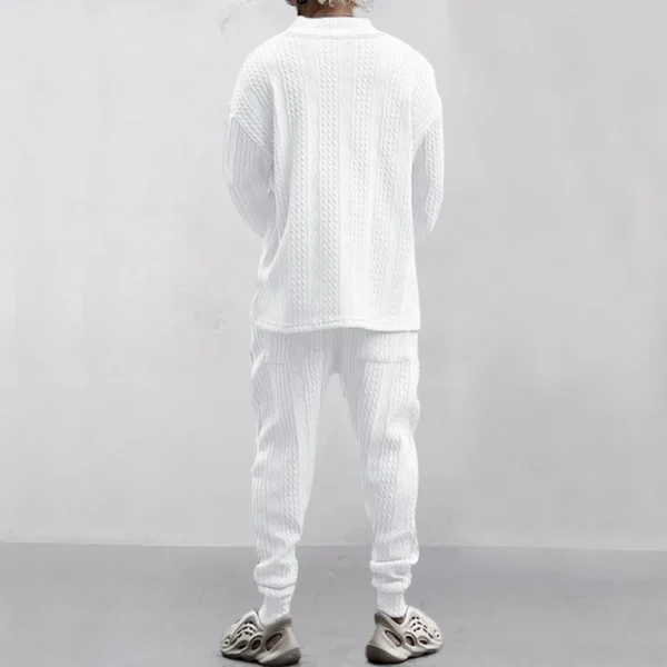 Male Beach Set Quick Dry Hawaiian Casual Pants V-neck All Matching Jacquard Knit Men's Suit Solid Color Long-Sleeved Top+Pants - Image 3
