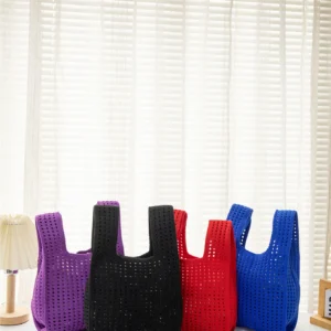 Handmade Knit Handbag Women Mini Knot Wrist-bag Female Casual Color Wide Stripe Plaid Tote Bag Student Reusable Shopping Bag