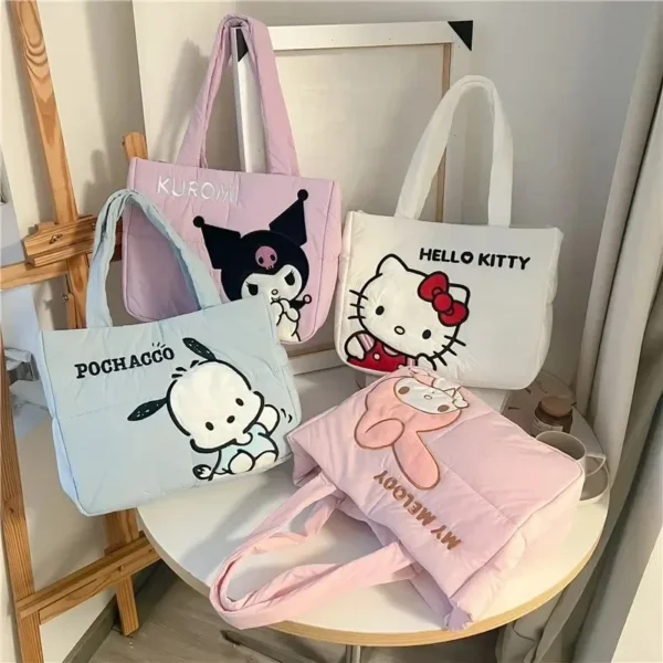 MINISO Disney Sanrio Handbag Cartoon Cute Down Fabric Kuromi Tote Bag Shoulder Cute Stationery Bag Large Capacity Handbag 2024