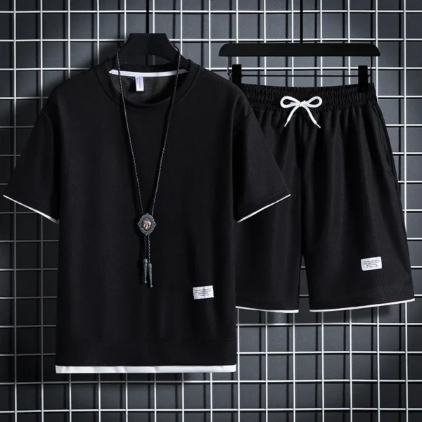 Men's new Waffle Summer Suit 2024 Casual T-shirt + Shorts Suit Men's Tracksuit Solid color tracksuit loose suit - Image 2