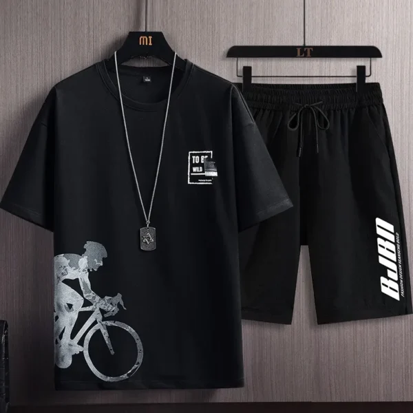 Summer Men's Casual Sports Suit Bicycle Printed Sports Outdoor Jogging Sweatshirt Sweatpants Breathable Quick Drying 2 Piece Set - Image 2