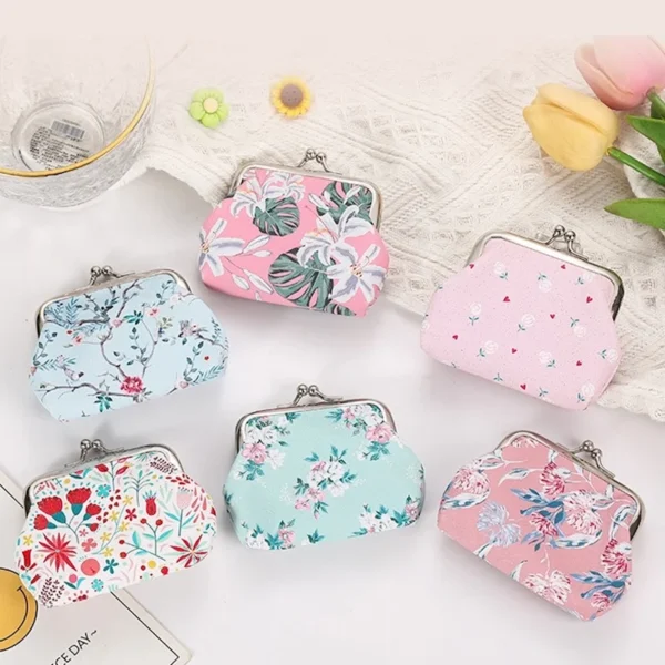 6PCS Fashion PU Leather Coin Purse Flower Prints Lovely Cute Women Small Change Money Bags Holder Wallet Mini Pouch