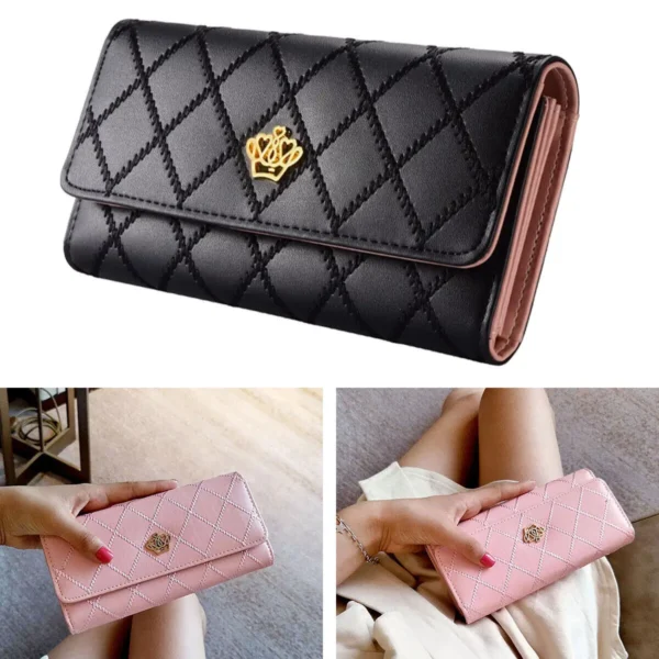 Black Long Wallets for Women PU Leather Diamond Pattern Purse Card Holder Crown Buckle Ladies Phone Bag Fashion Clutch Bag - Image 2