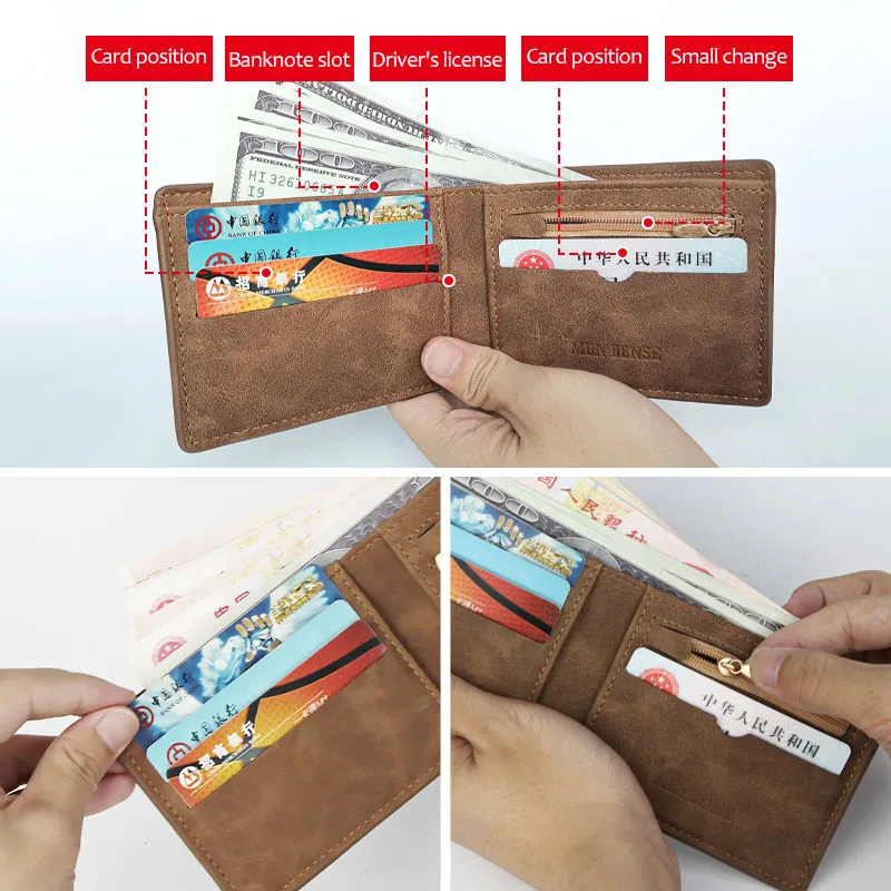 New Retro Men Leather Wallets Small Money Purses Design Dollar Price Top Men Thin Wallet With Coin Bag Zipper - Image 4