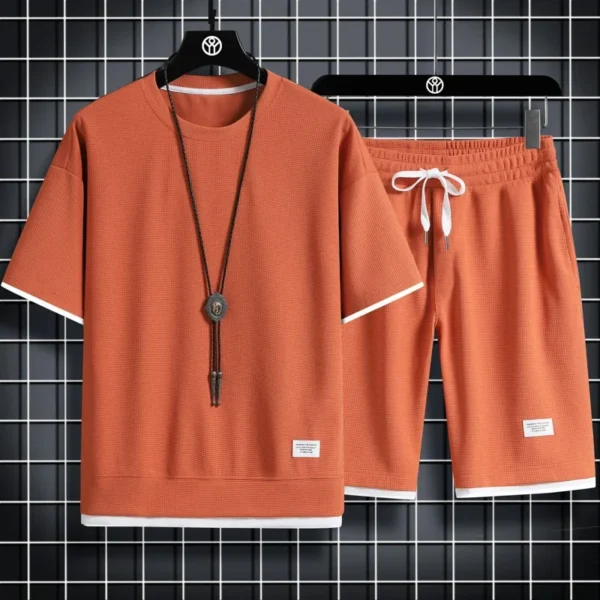 Men's new Waffle Summer Suit 2024 Casual T-shirt + Shorts Suit Men's Tracksuit Solid color tracksuit loose suit - Image 5
