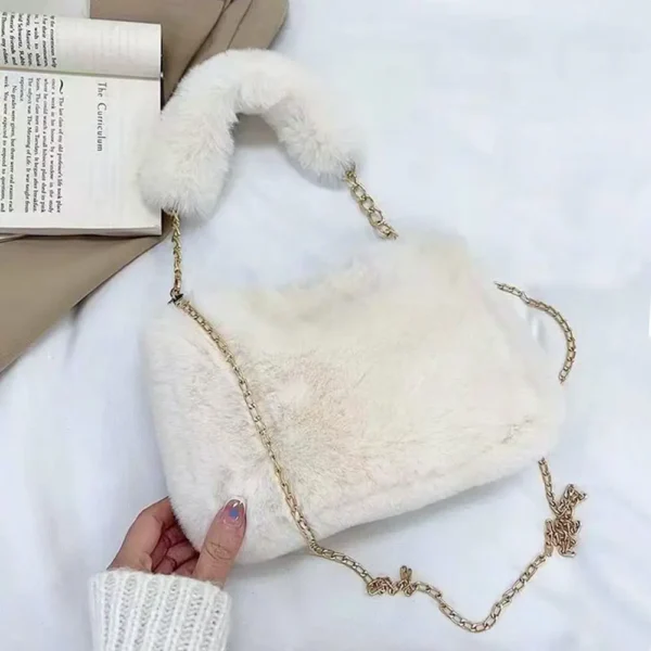 Fashion Women Fluffy Shoulder Bags Female Winter Chain Underarm Bag Solid Color Handbag Soft Plush Handle Bag - Image 4