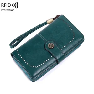 RFID anti-theft brush Retro large capacity long wallet Multi-card women's wallet Multi-function zipper wallet with wrist strap