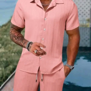 Spring And Summer New Sports Men's Polo Casual Solid Color Loose Short-sleeved Drawstring Shorts Cardigan Striped Sports Suit