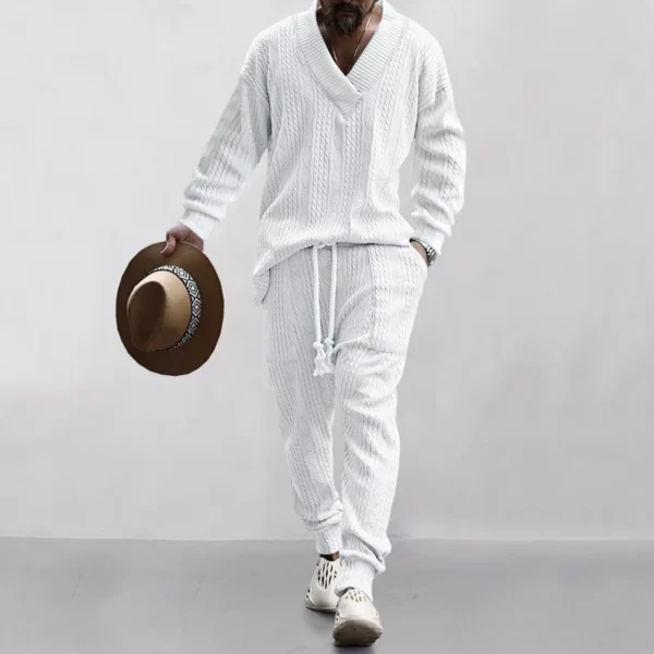 Male Beach Set Quick Dry Hawaiian Casual Pants V-neck All Matching Jacquard Knit Men's Suit Solid Color Long-Sleeved Top+Pants - Image 2