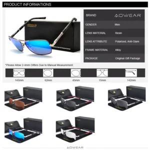 AOWEAR Luxury Square Sunglasses Men Polarized Retro Mirror Sun Glasses for Man Women Vintage Shades Eyewear with Case