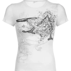 Retro Graphic Crop Top White Short Sleeve O Neck Casual T Shirt for Women y2k Aesthetic Vintage Basic Tees Ladies Clothes