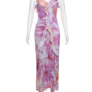 Weird Puss Flower Print Dress Woman Summer Strapless Splits Irregular Tassel Patchwork Backless Bandage Party Skinny Vestidos